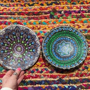Hand-Painted Mandala Wall Plates — Purple & Green Dot Art